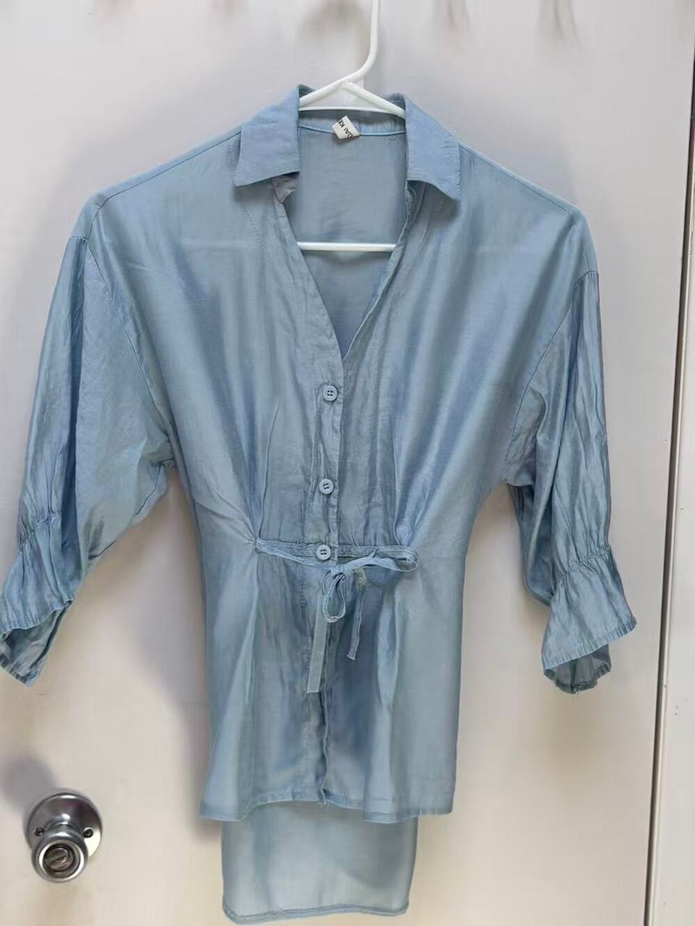 Blue Tencel Blouse Boho Drawstring Waist Hi-Low Ruffle 3/4 Sleeve Shirt S
